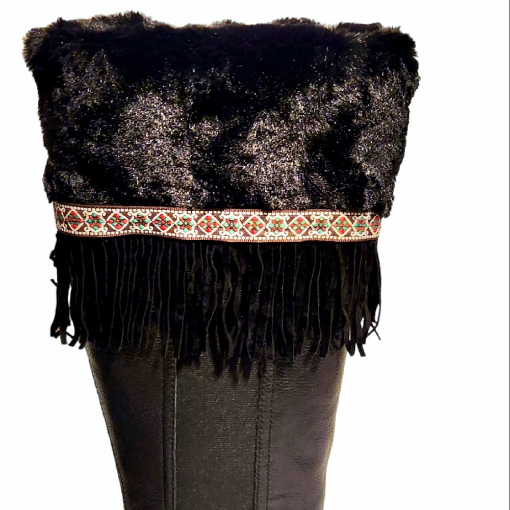 Fur Boot Cuffs, Suede Boot Toppers, Fringe Boot Toppers Black Brown Grey